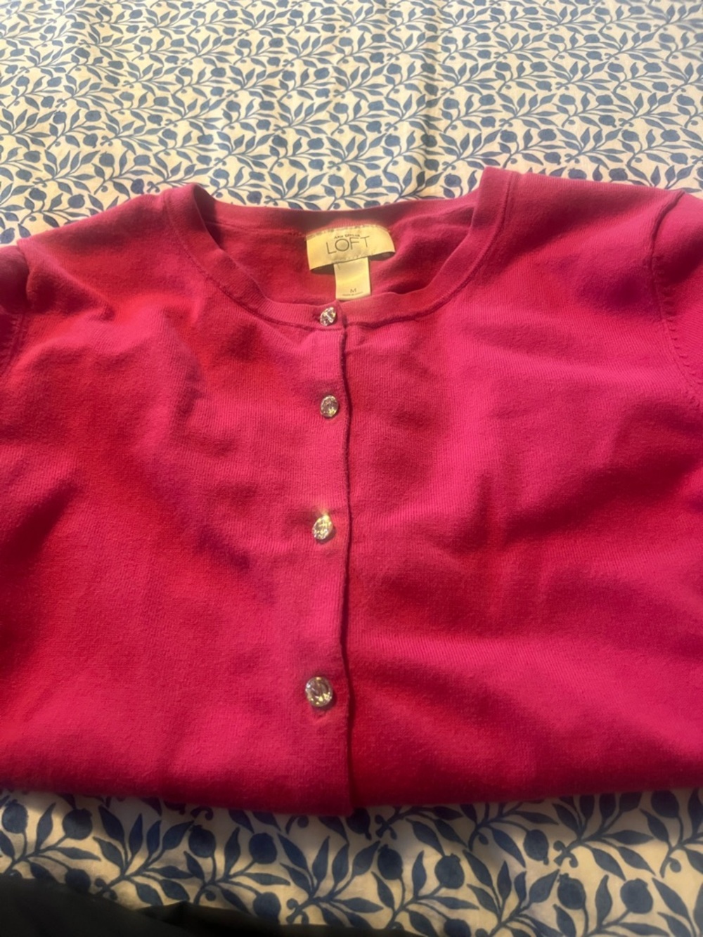 LOFT Fuchsia Crewneck Cardigan with Crystal Buttons - Picture 3 of 8